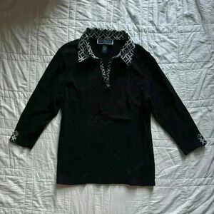 Patterned black collared shirt petite large women’s corporate office classic